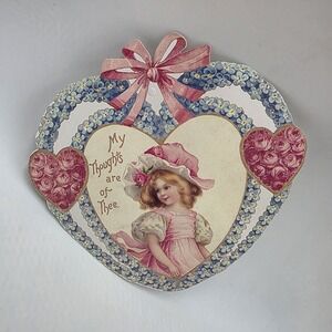 VTG Victorian Style Valentine Heart Card "My Thoughts Of Thee" Ribbon & Envelope